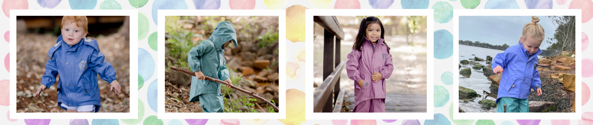 Collage of children in colourful, sustainable raincoats and all season jackets