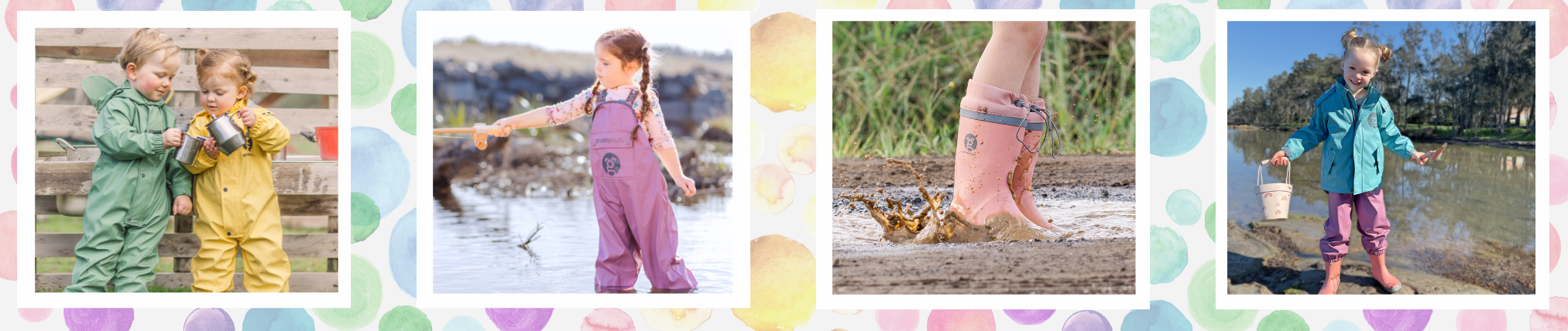 Collage of children playing outdoors in mud, water and nature wearing waterproof clothing and shoes