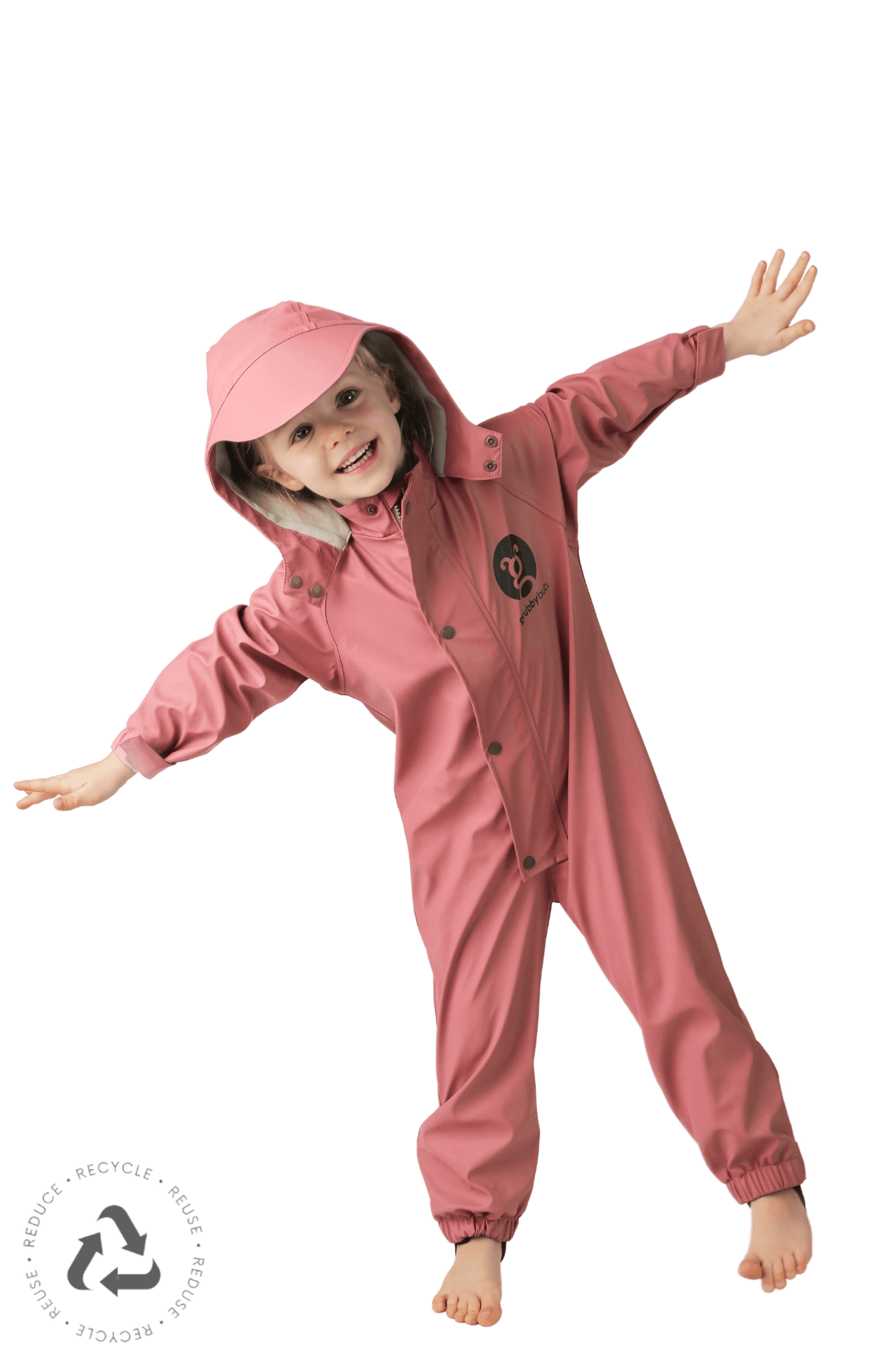 Child in pink waterproof rain suit with hood, kids outdoor play suit for wet weather