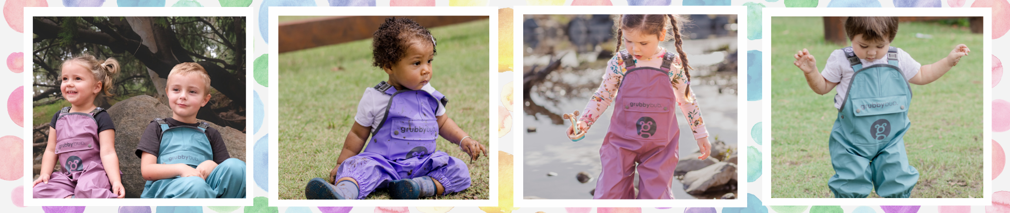 Collage of children wearing waterproof overalls playing outdoors in grass and nature