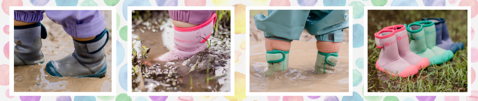 Collage of toddler Wee Wellies boots stepping in mud, shallow water and puddles outdoors