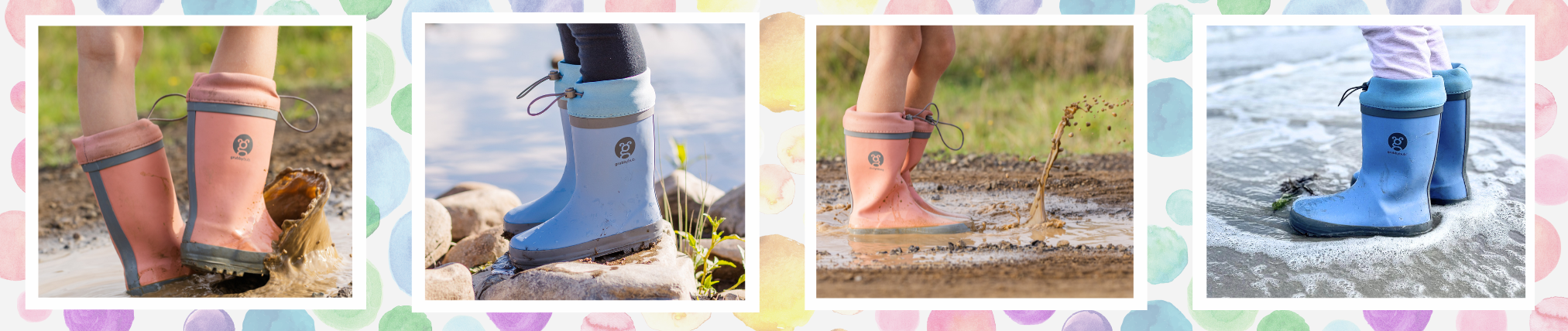 collage of pink and blue gumboots, with neoprene adjustable cal topper