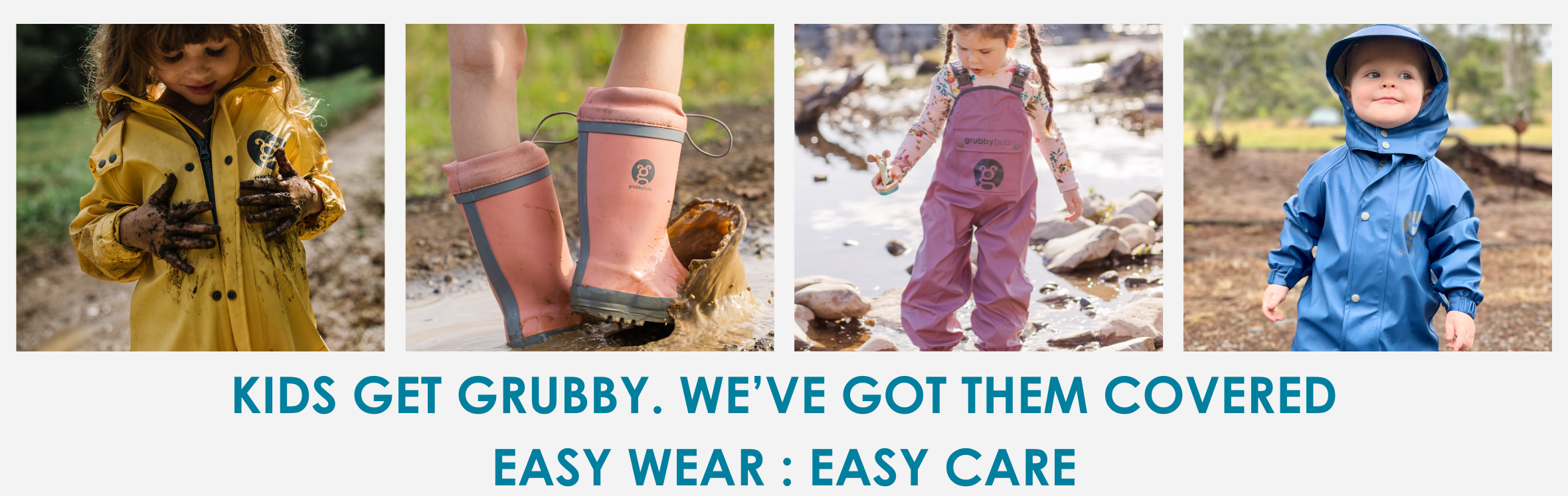 Four images of children and toddlers wearing nature play suits, kids waterproof suits, gumboots and water play clothes