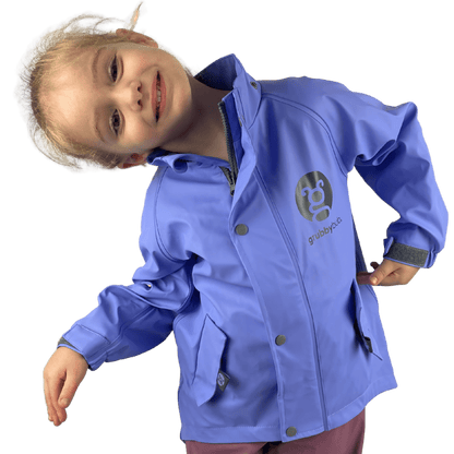 Young girl in a purple waterproof raincoat on a transparent background
