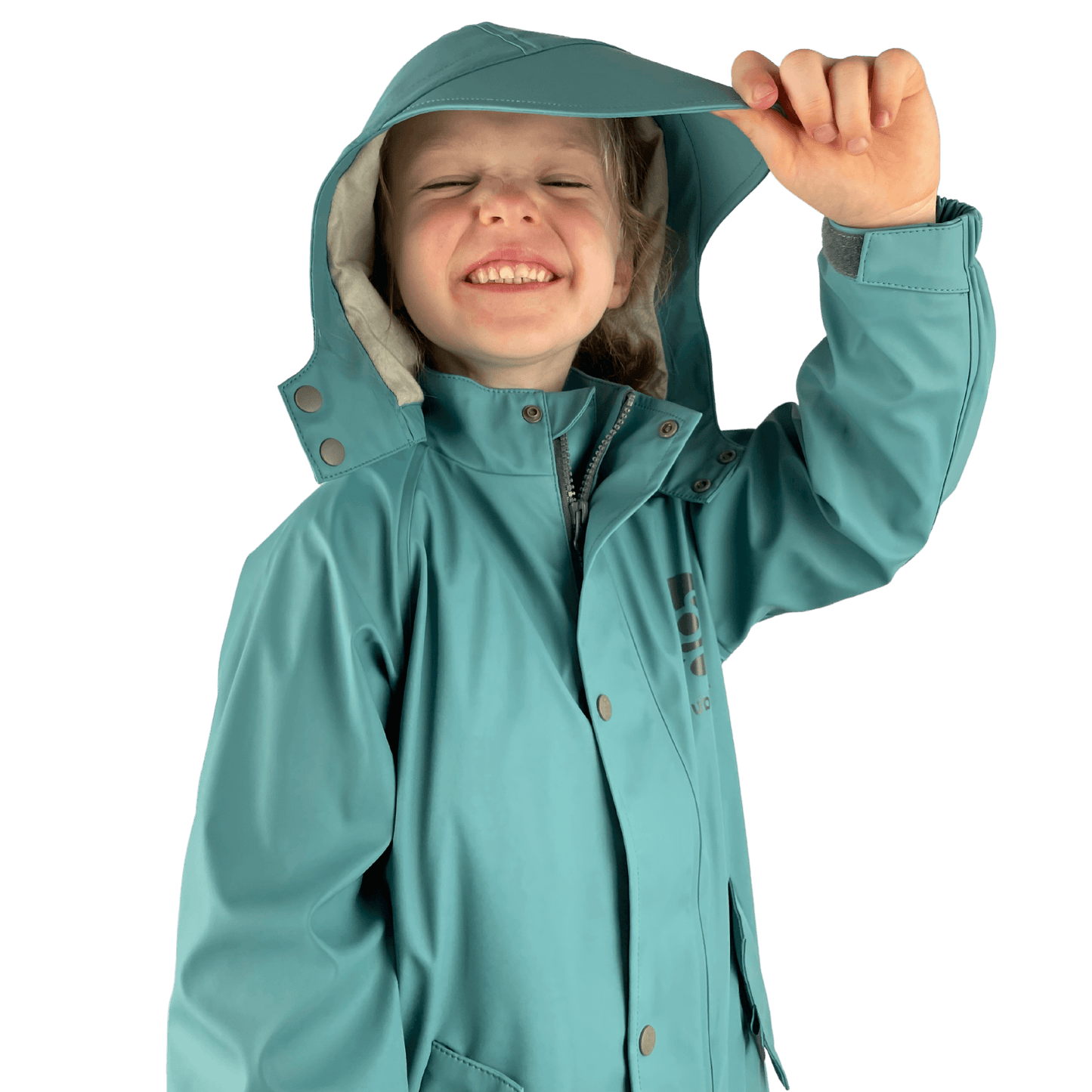 Kids waterproof rain jacket with brim hood and mud guard, designed for wet weather protection