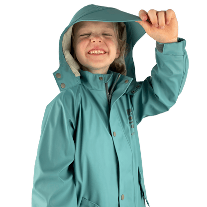 Kids waterproof rain jacket with brim hood and mud guard, designed for wet weather protection