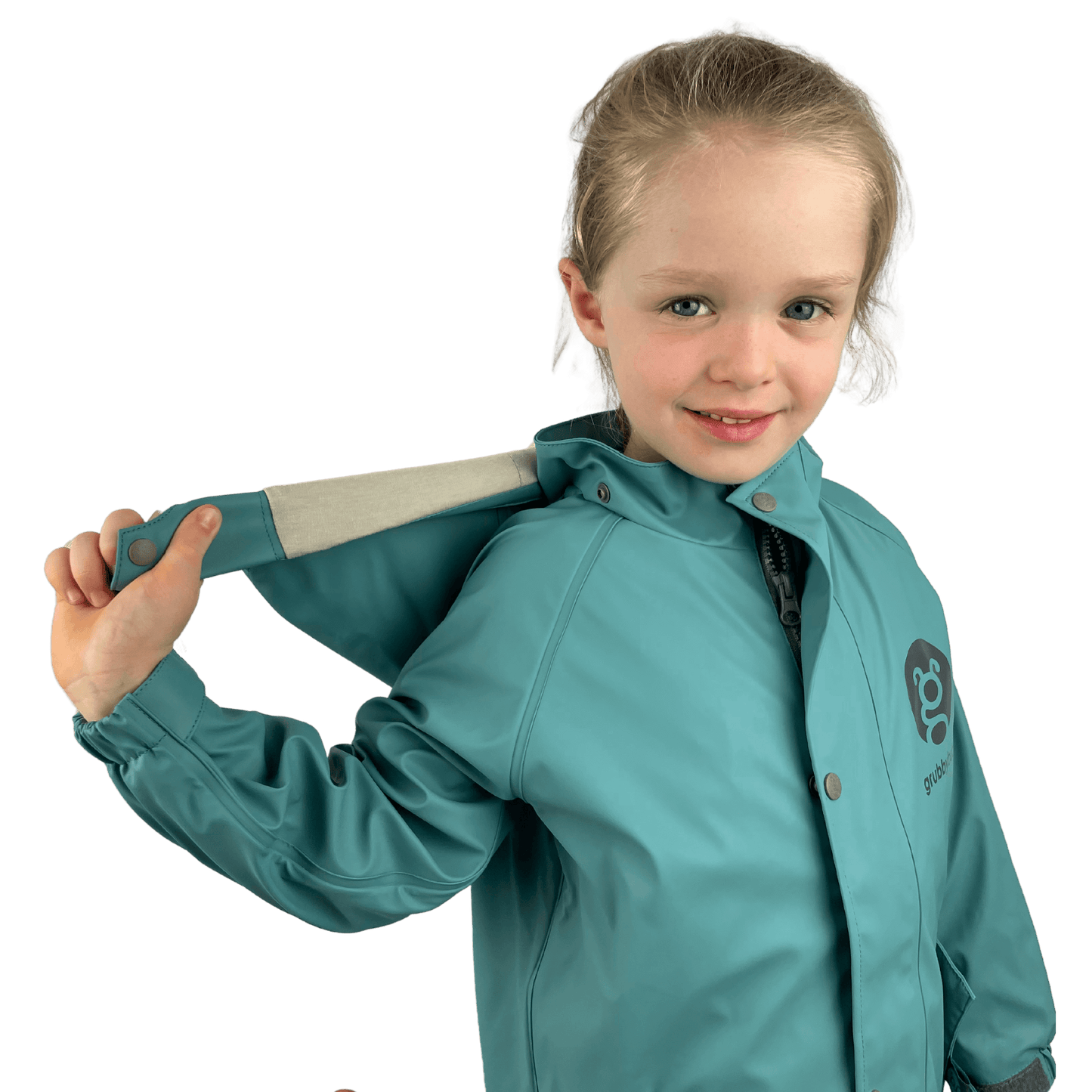 Waterproof kids jacket with removable hood and mud guard, durable outdoor clothing