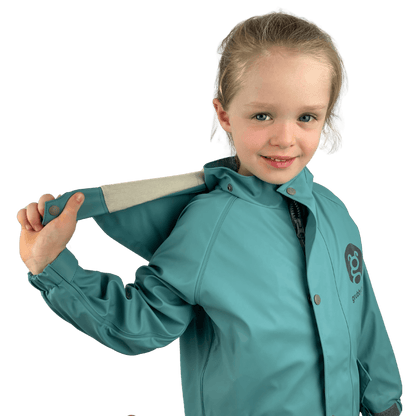 Waterproof kids jacket with removable hood and mud guard, durable outdoor clothing