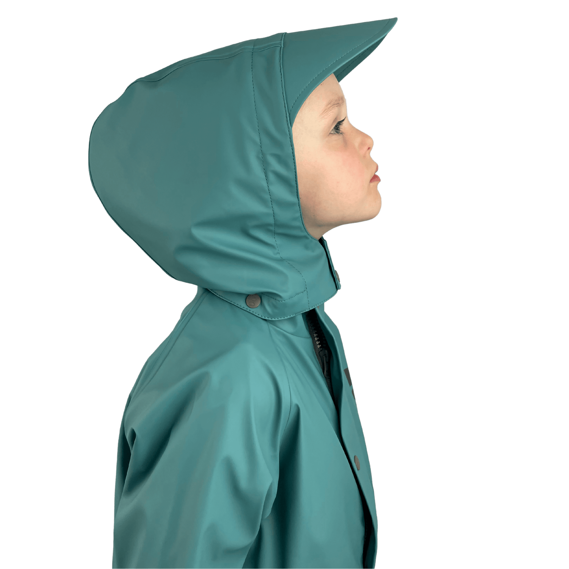 Side view of kids waterproof jacket hood with brim and mud guard, rain and sun protection design