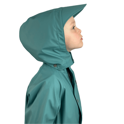Side view of kids waterproof jacket hood with brim and mud guard, rain and sun protection design