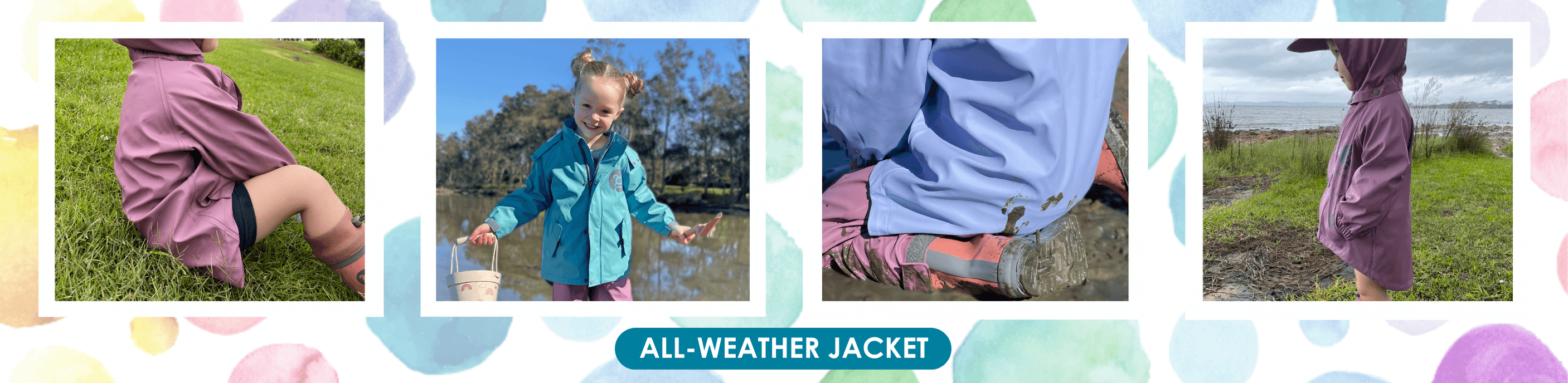 four images of children wearing a scooped hem rain jacket