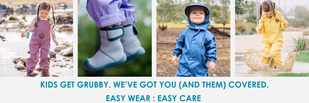 Banner showing kids in waterproof outdoor clothing and Wee Wellies with text kids get grubby we’ve got you covered