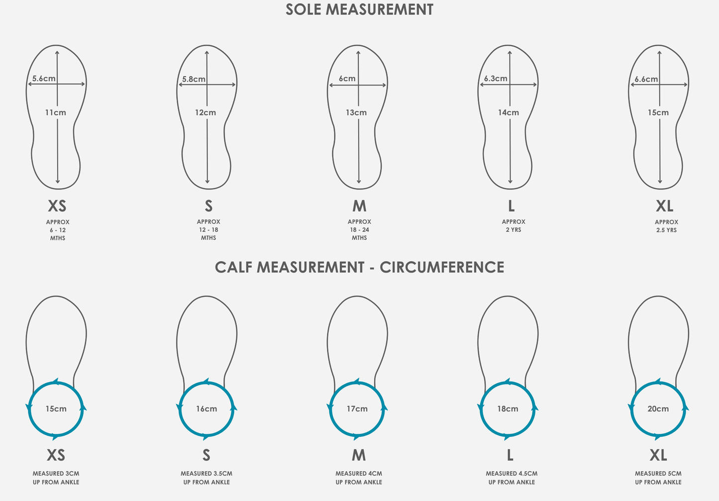 Wee Wellies size guide showing toddler wellies sole length and calf circumference measurements for accurate fit