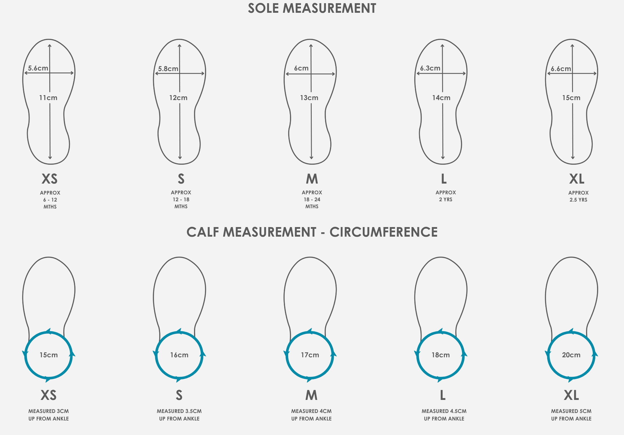 Wee Wellies size guide showing toddler wellies sole length and calf circumference measurements for accurate fit
