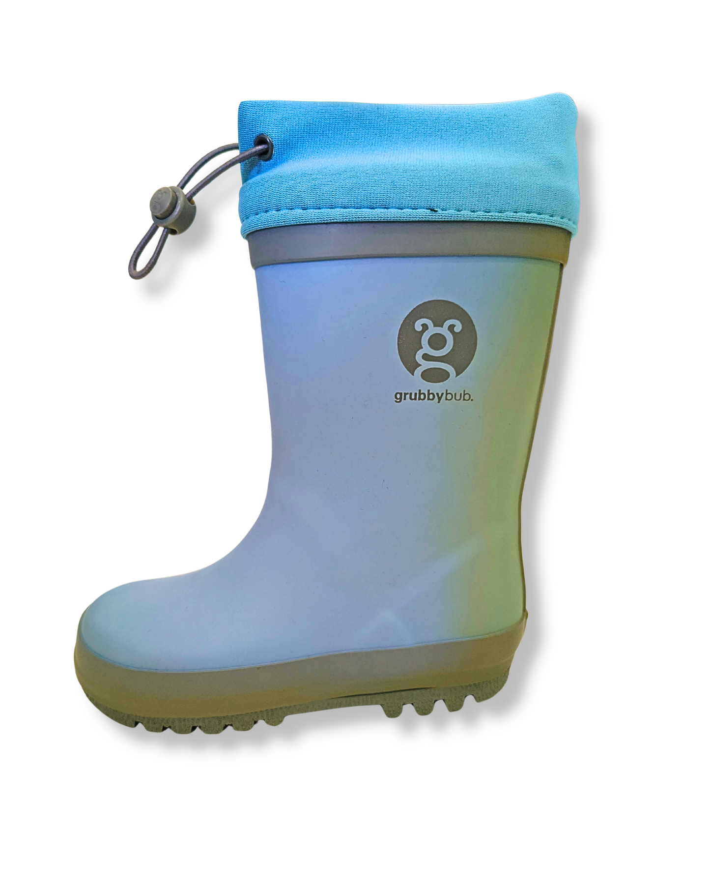 Blue rain boot with a gray sole on a white background. imperfect colours sold to keep from landfill