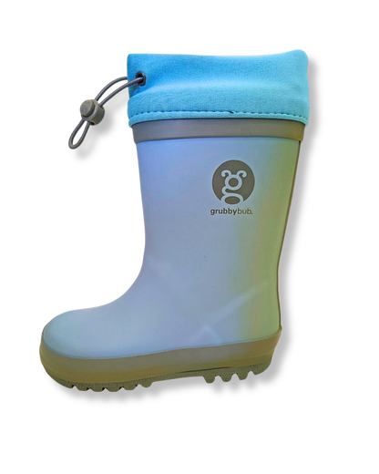 Blue rain boot with a gray sole on a white background. imperfect colours sold to keep from landfill