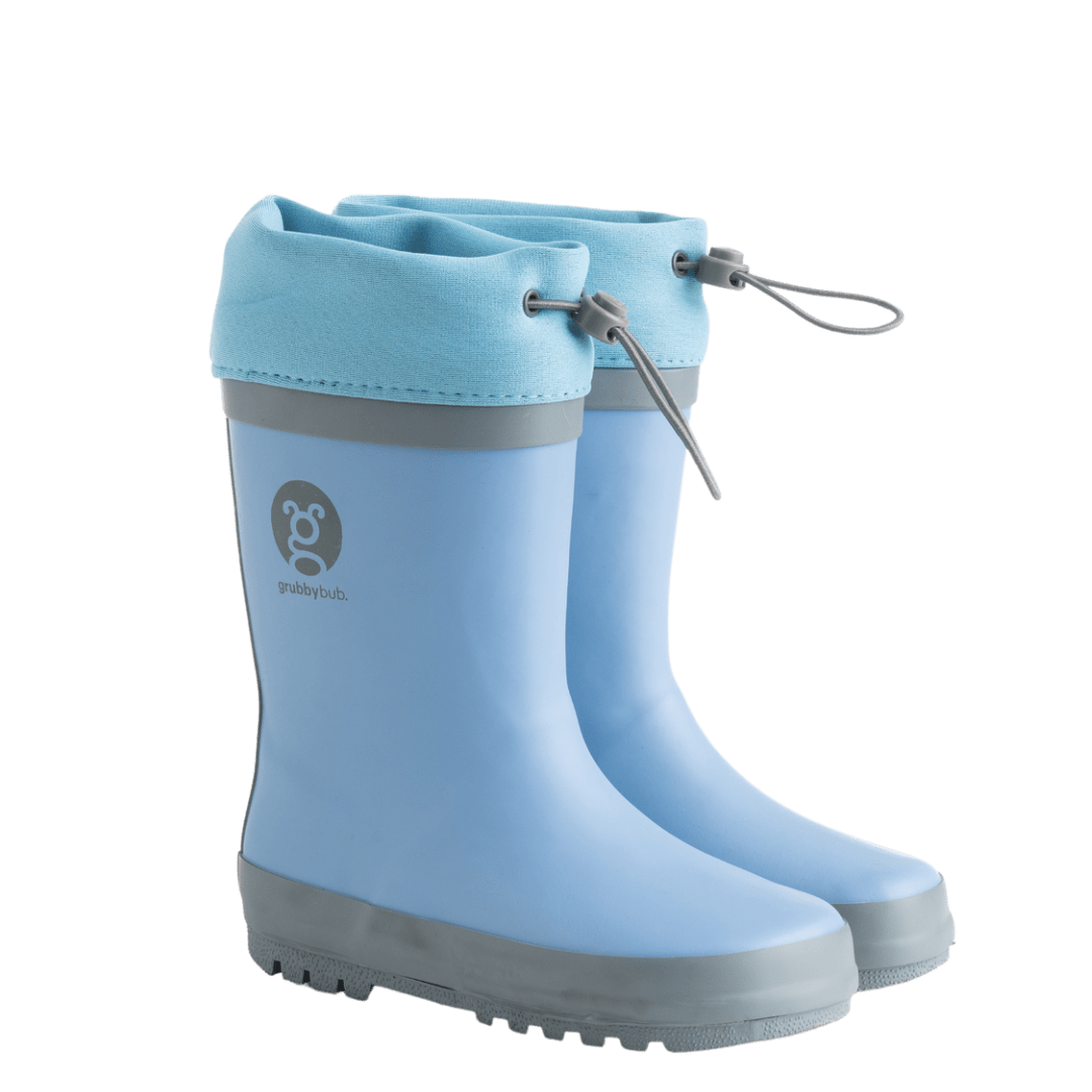 Grubbybub kids gumboots are a good splash above your regular gumboot. Front view with logo and pull string toggles in our blue clear skies colour