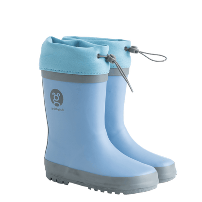 Grubbybub kids gumboots are a good splash above your regular gumboot. Front view with logo, adjustable top and pull string toggles in our blue clear skies colour