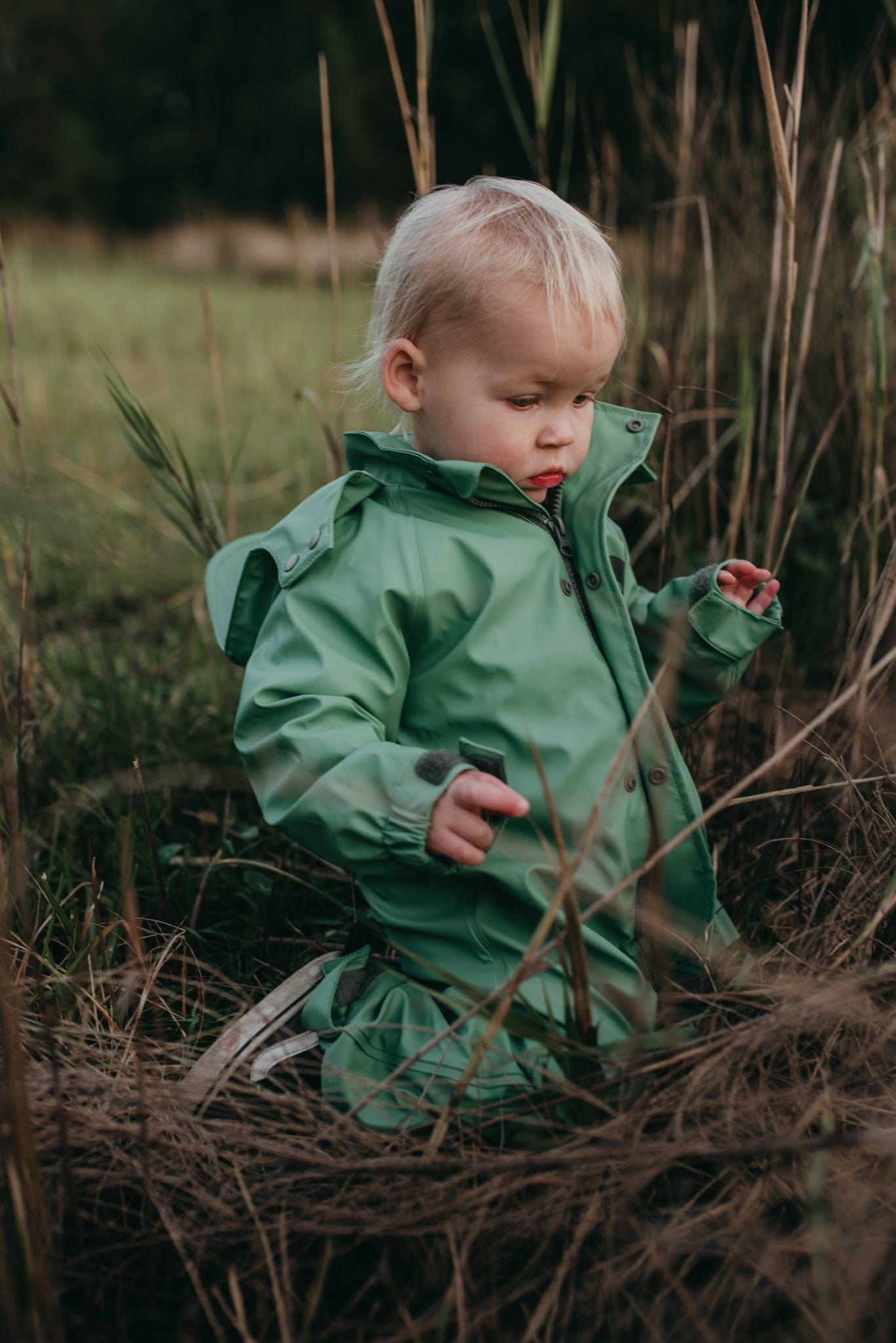A toddler boy in a waterproof rainsuit on his knees in the wet grass