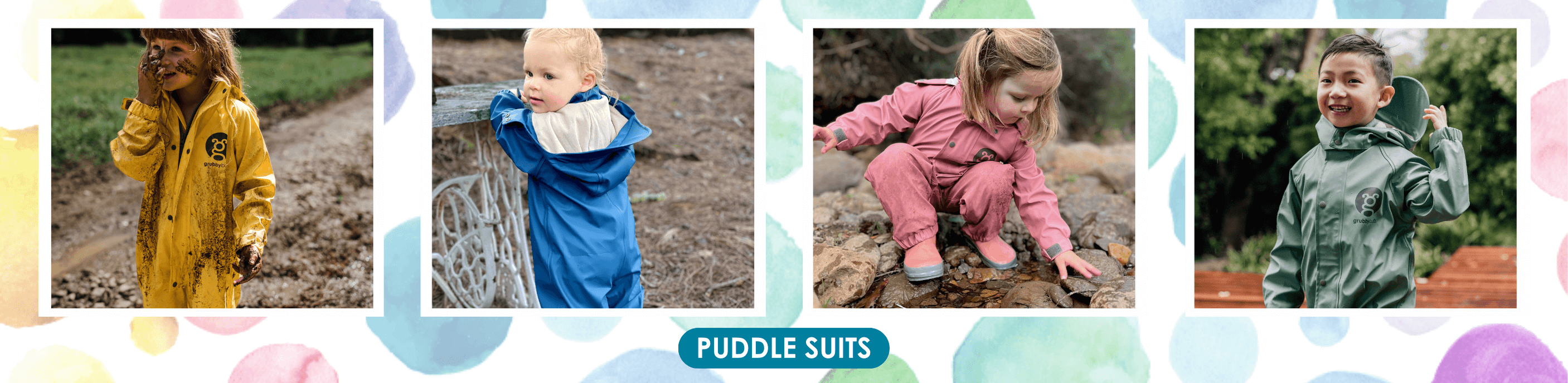 kids wearing waterproof nature play clothes and puddle suits