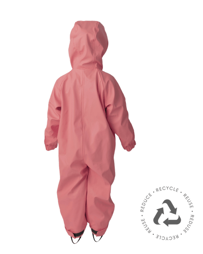 Kids rain suit with recycled symbol in ghost model photography style