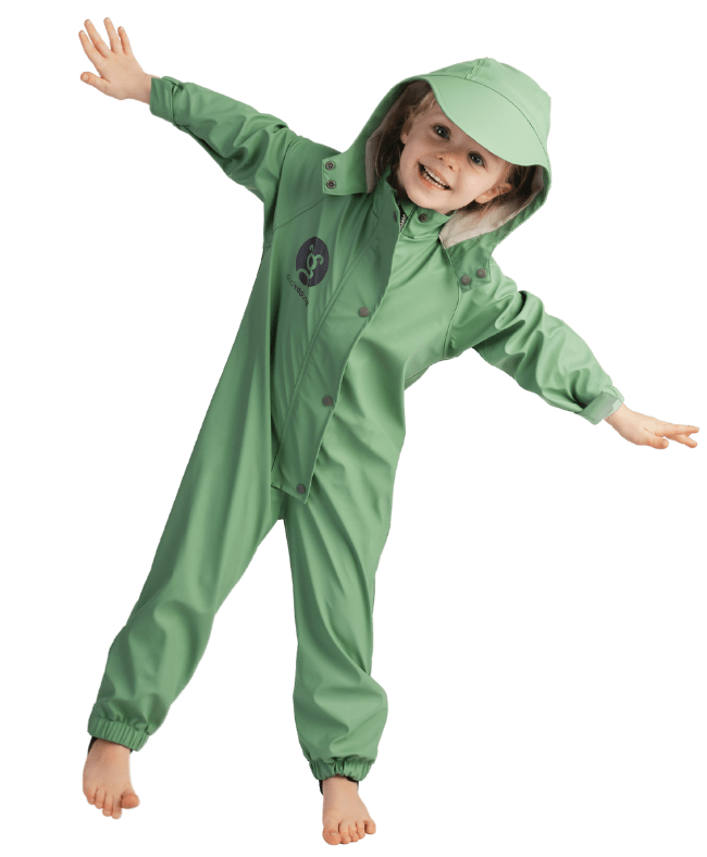 Keeping your little one dry while splashing in puddles. Made with breathable polyester and waterproof up to 5000mm, adjustable Velcro wrist and ankle cuff, fold-away brim, heat sealed seams, roomy fit.  Sage green puddle suit having fun!
