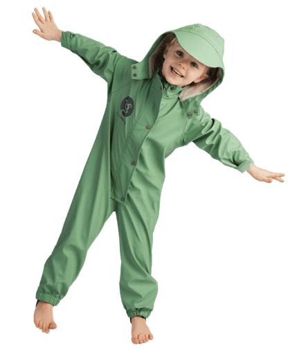 Keeping your little one dry while splashing in puddles. Made with breathable polyester and waterproof up to 5000mm, adjustable Velcro wrist and ankle cuff, fold-away brim, heat sealed seams, roomy fit.  Sage green puddle suit having fun!