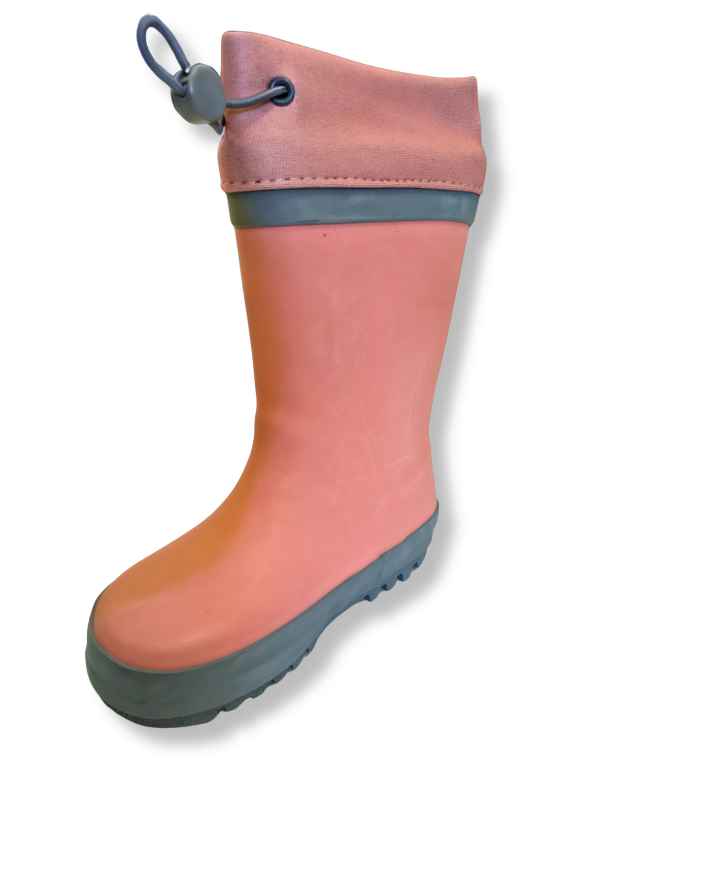 Pink rain boot with a gray sole on a white background. imperfect colours sold to keep from landfill