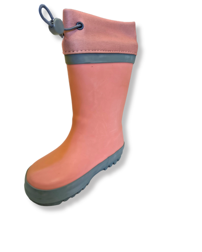 Pink rain boot with a gray sole on a white background. imperfect colours sold to keep from landfill