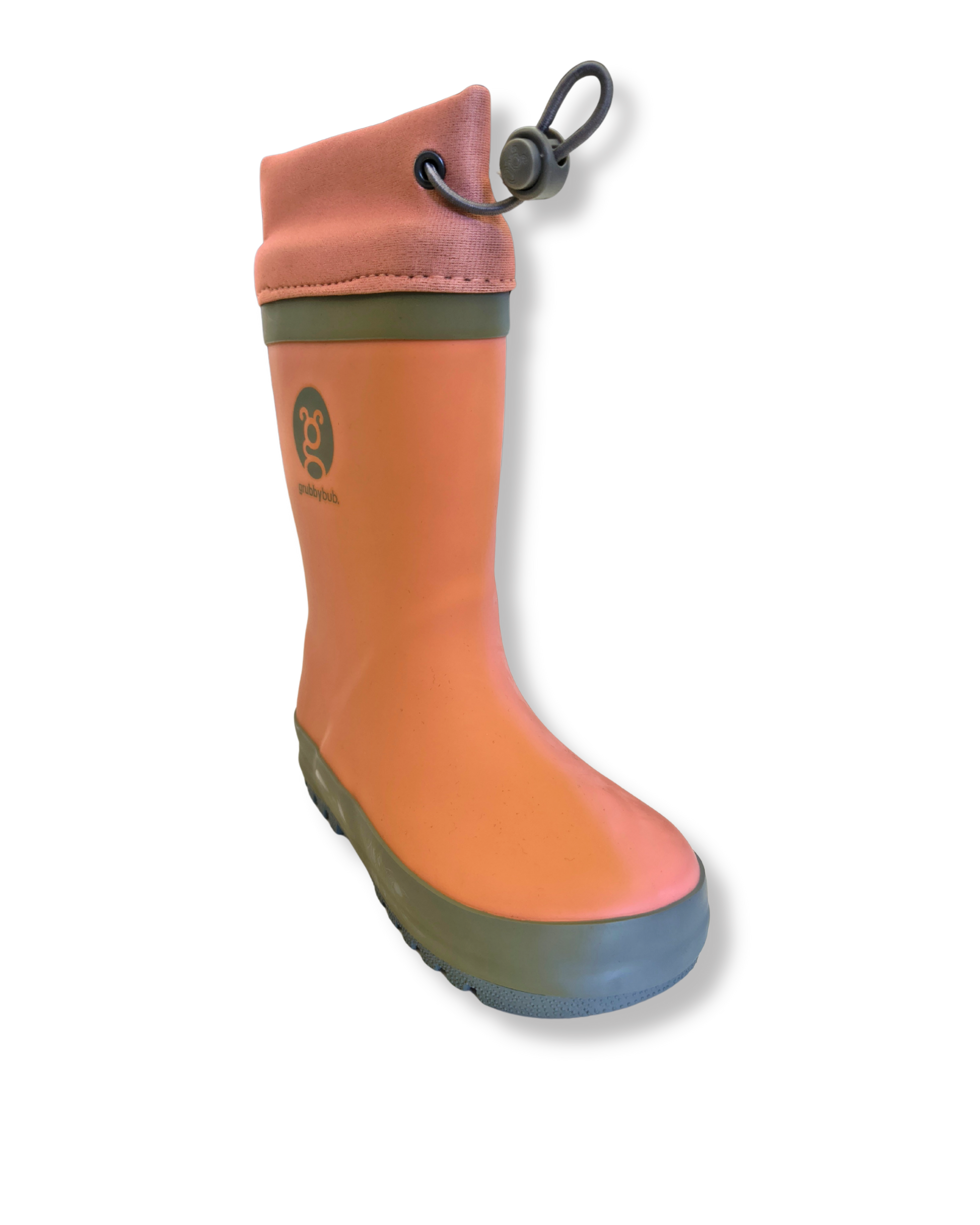 Pink rain boot with a gray sole on a white background. imperfect colours sold to keep from landfill