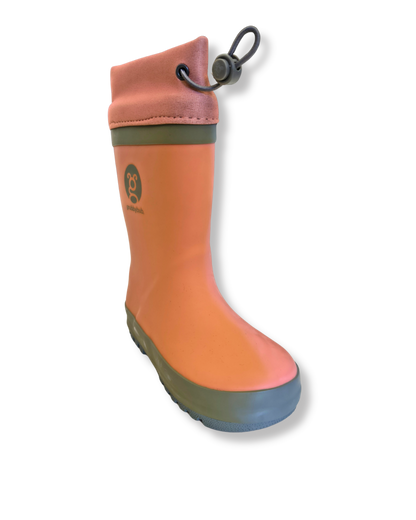 Pink rain boot with a gray sole on a white background. imperfect colours sold to keep from landfill