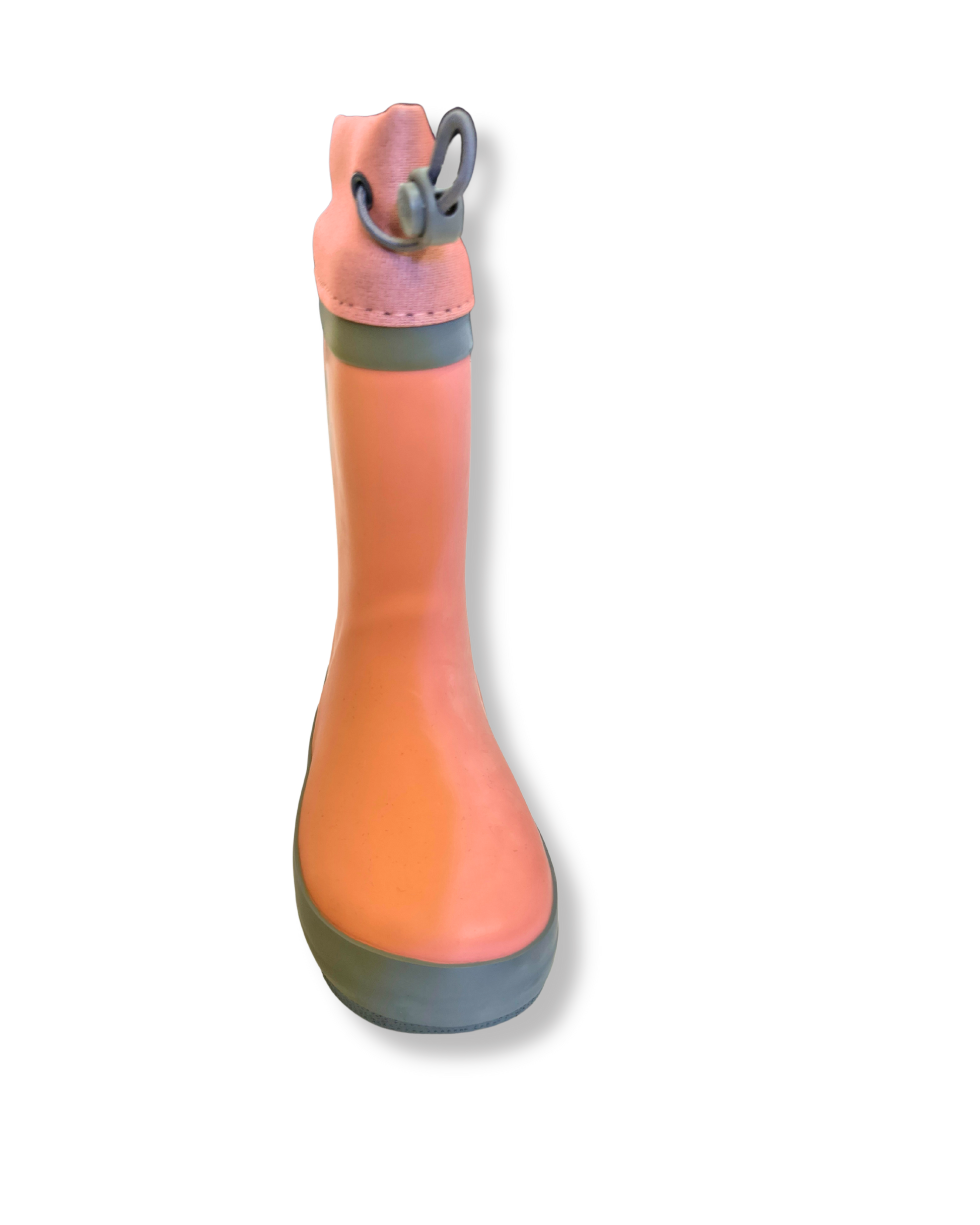 Pink rain boot with a gray sole on a white background. imperfect colours sold to keep from landfill