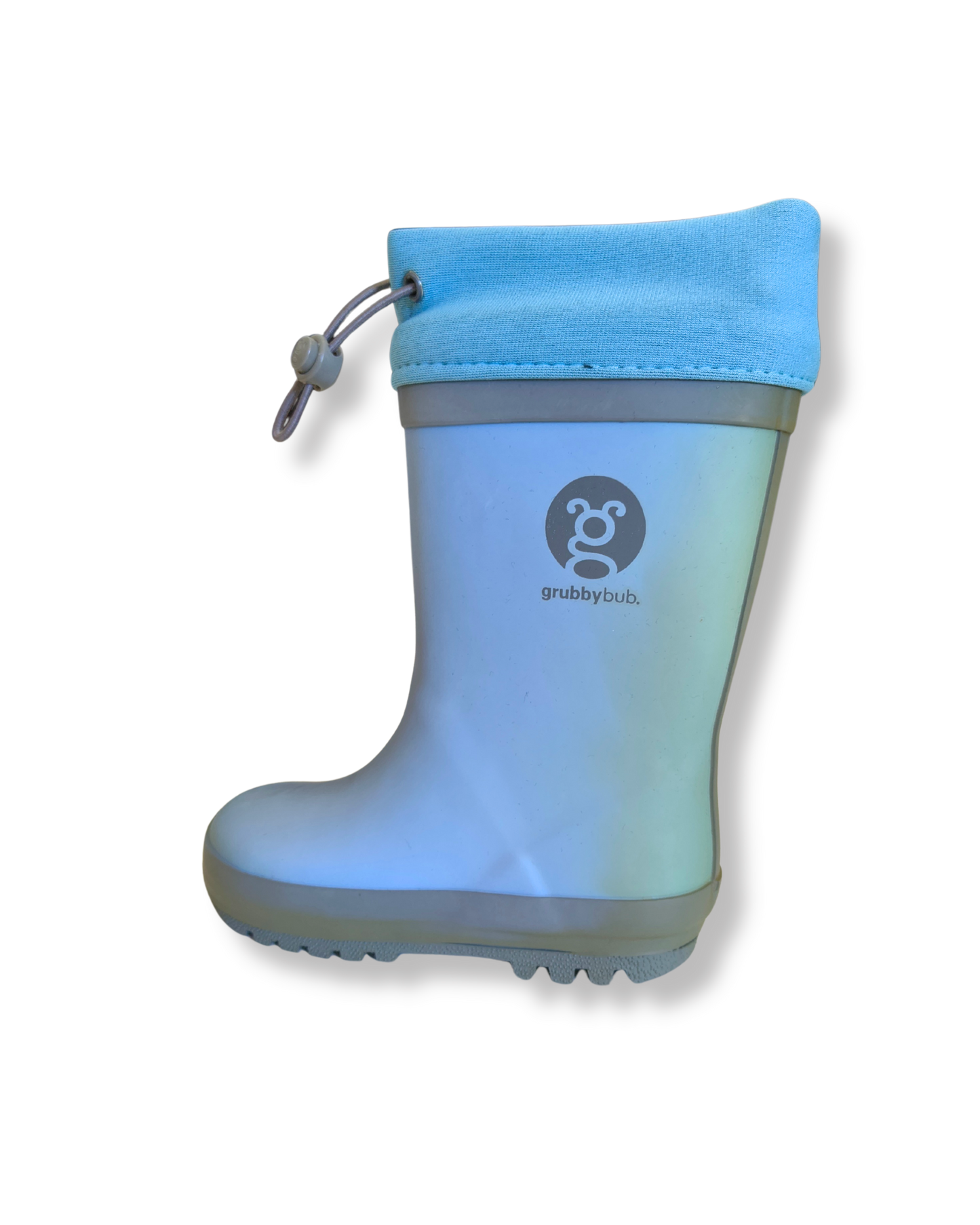 Blue rain boot with a gray sole on a white background. imperfect colours sold to keep from landfill