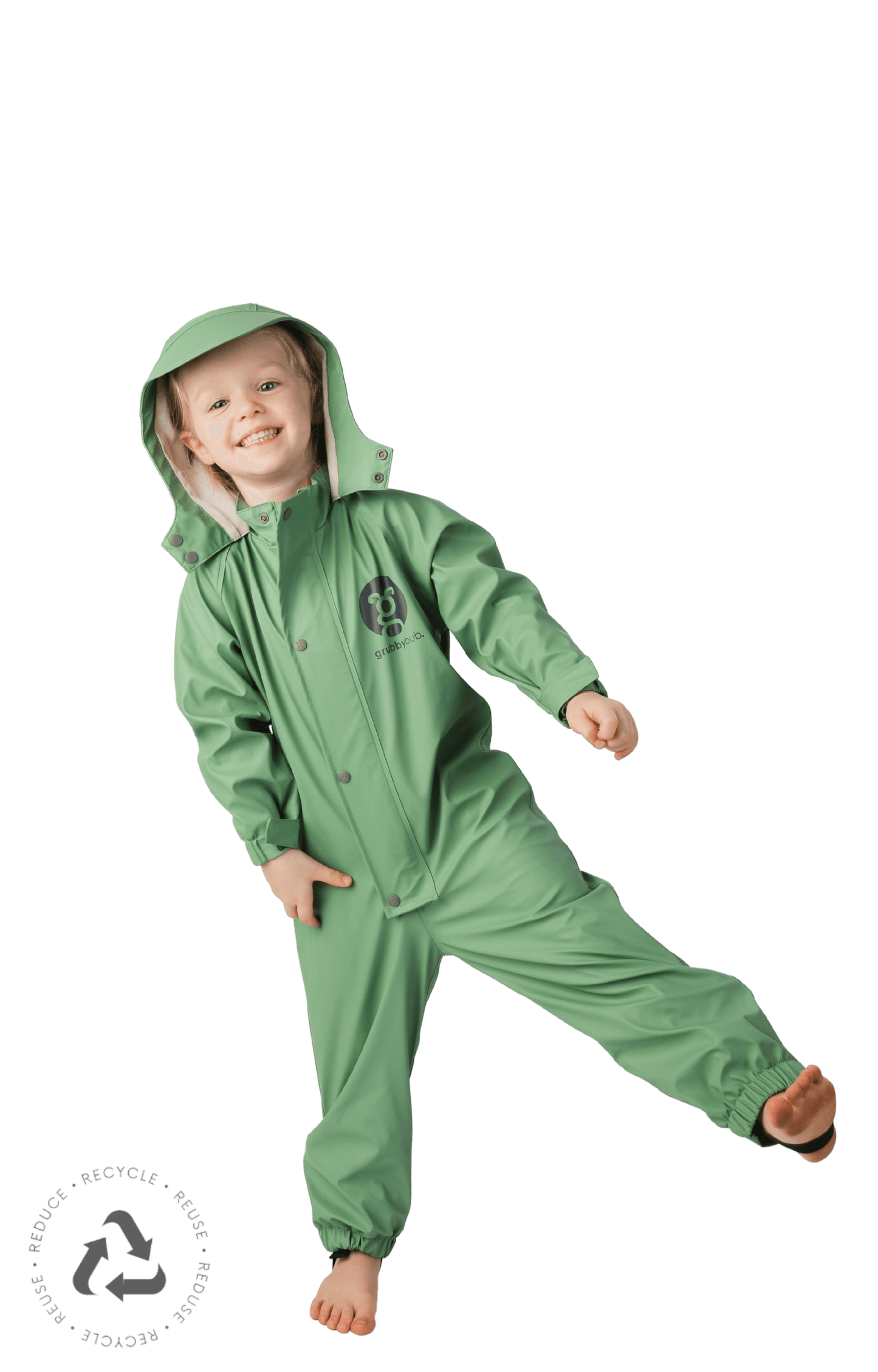 girl in a sage green waterproof puddle suit posing with one foot in the air