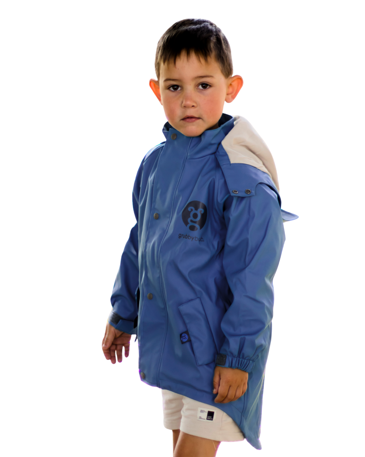 Kids blue waterproof jacket with mud guard and extended back hem, outdoor play rainwear